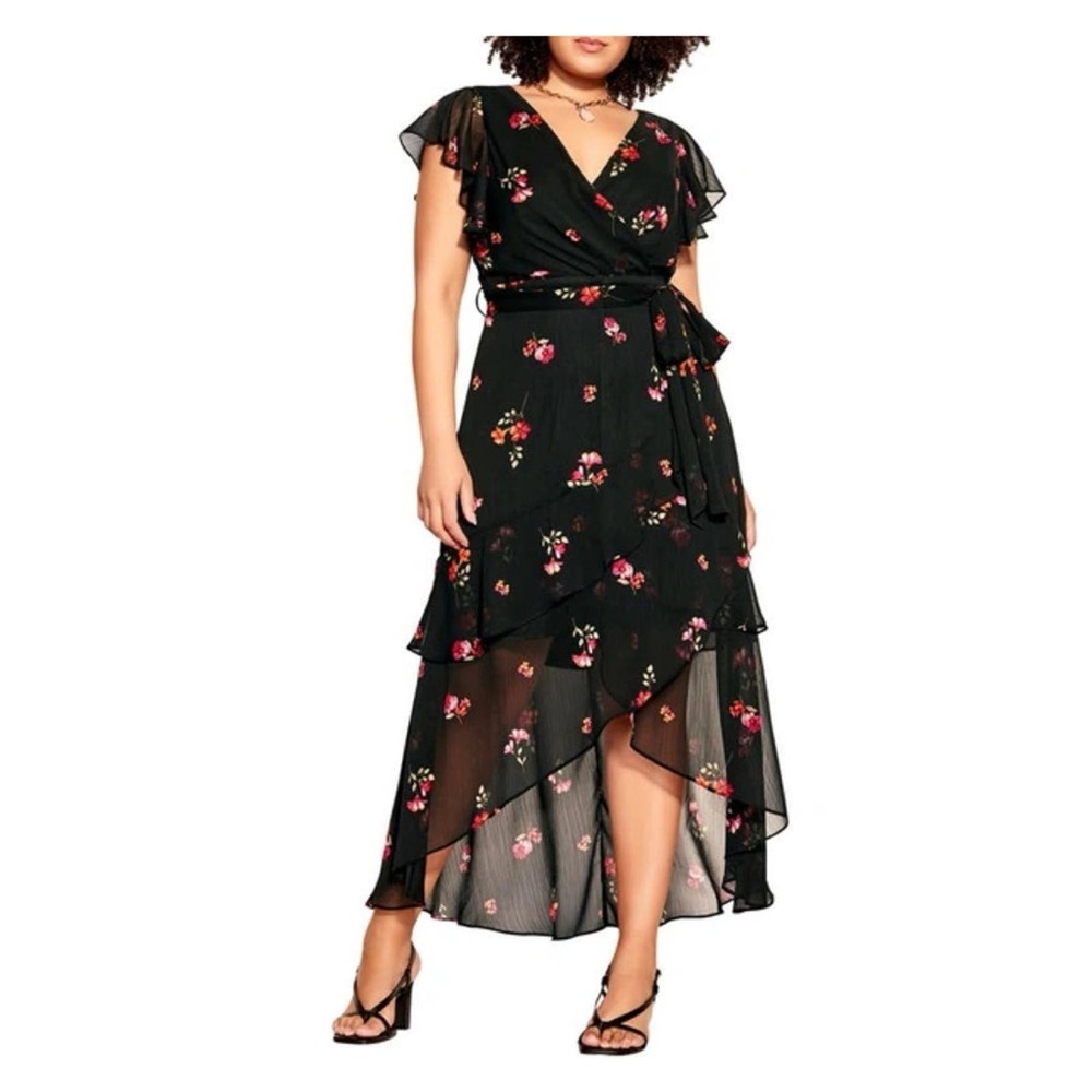 City Chic Black Floral Petal Rain Maxi Dress Sz.S/16 NWT
